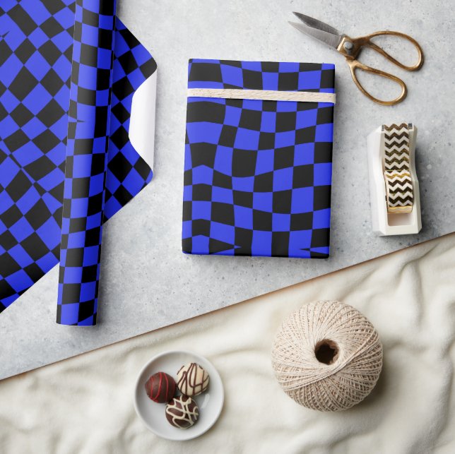 retro groovy blue black wavy checkered  wrapping paper (Crafts)