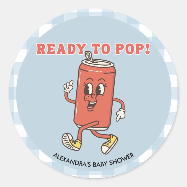Retro Groovy Blue Gingham She Is Ready To Pop Classic Round Sticker (Front)