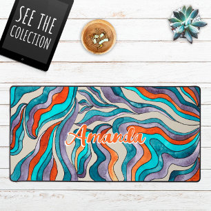 Retro Groovy Blue Orange Purple Wavy Script Name Desk Mat