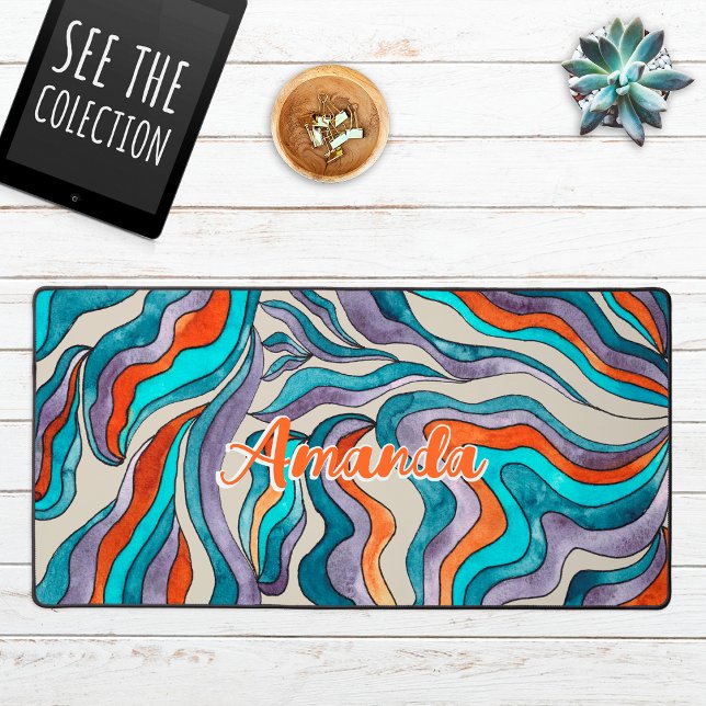 Retro Groovy Blue Orange Purple Wavy Script Name Desk Mat (Creator Uploaded)
