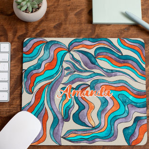 Retro Groovy Blue Orange Purple Wavy Script Name Mouse Mat