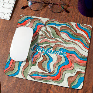 Retro Groovy Blue Red Green Wavy Script Name Mouse Mat