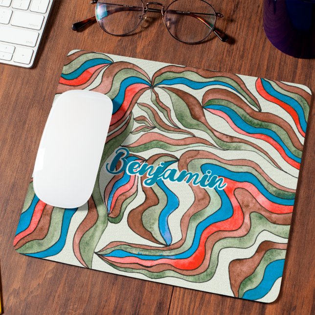 Retro Groovy Blue Red Green Wavy Script Name Mouse Mat (Front)