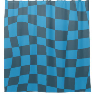 Retro Groovy Blue wavy checkered Pattern Shower Curtain