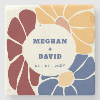 Retro Groovy Boho Chic Floral Wedding Stone Coaster