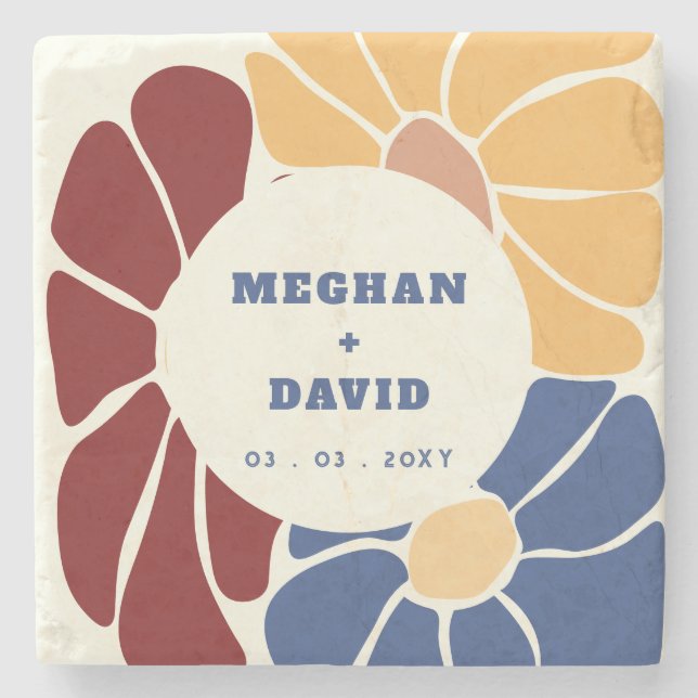 Retro Groovy Boho Chic Floral Wedding Stone Coaster (Front)