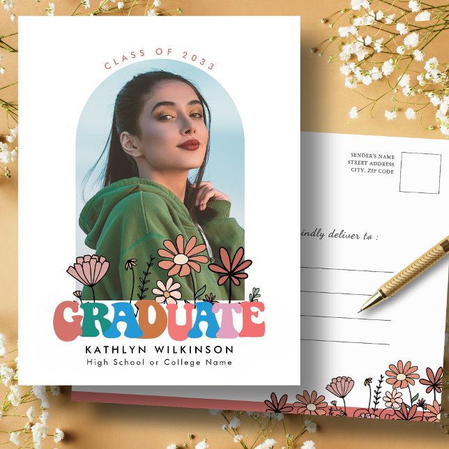 Retro Groovy Boho Floral Arch Photo Graduation Announcement Postcard (Creator Uploaded)