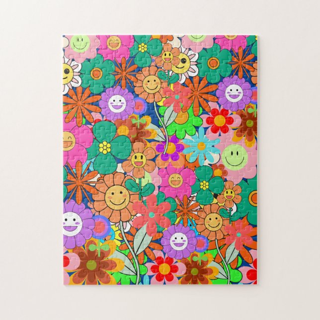 Retro Groovy Boho Hippie Flowers Jigsaw Puzzle (Vertical)