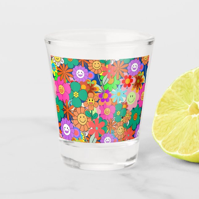 Retro Groovy Boho Hippie Flowers Shot Glass (Front)