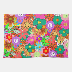 Retro Groovy Boho Hippie Flowers  Tea Towel