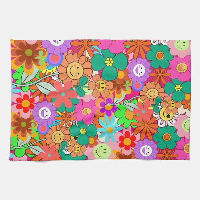 Retro Groovy Boho Hippie Flowers  Tea Towel (Horizontal)