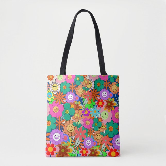 Retro Groovy Boho Hippie Flowers  Tote Bag (Front)