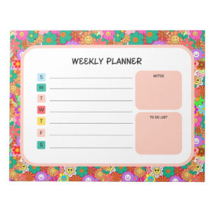 Retro Groovy Boho Hippie Flowers Weekly Planner Notepad