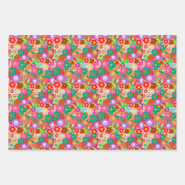 Retro Groovy Boho Hippie Flowers  Wrapping Paper Sheet (Front)