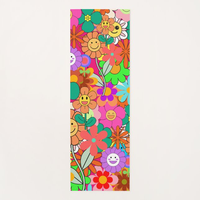 Retro Groovy Boho Hippie Flowers Yoga Mat (Front)