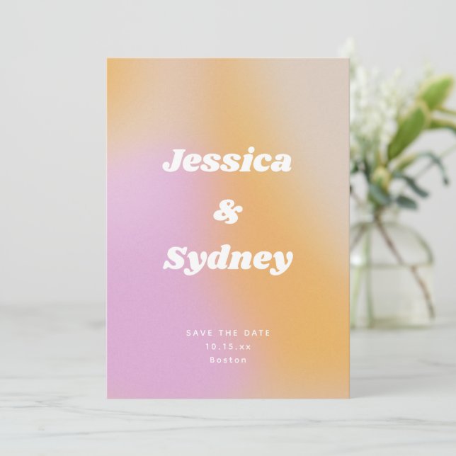 Retro Groovy Bold Pink Orange Gradient Wedding QR Save The Date (Standing Front)