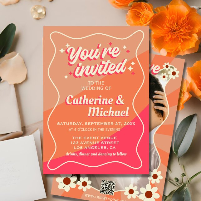 Retro Groovy Bold Typography Colourful 70's Weddin Invitation (Creator Uploaded)
