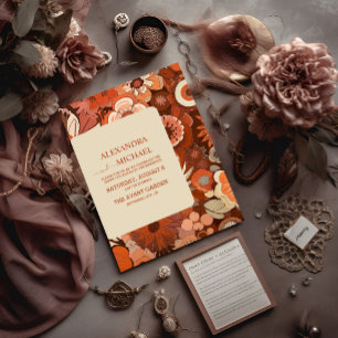 Retro Groovy burn orange floral wedding Invitation