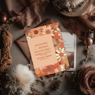 Retro Groovy burn orange floral wedding Invitation