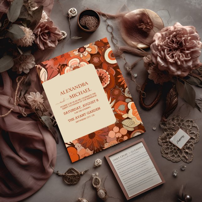 Retro Groovy burn orange floral wedding Invitation (Creator Uploaded)