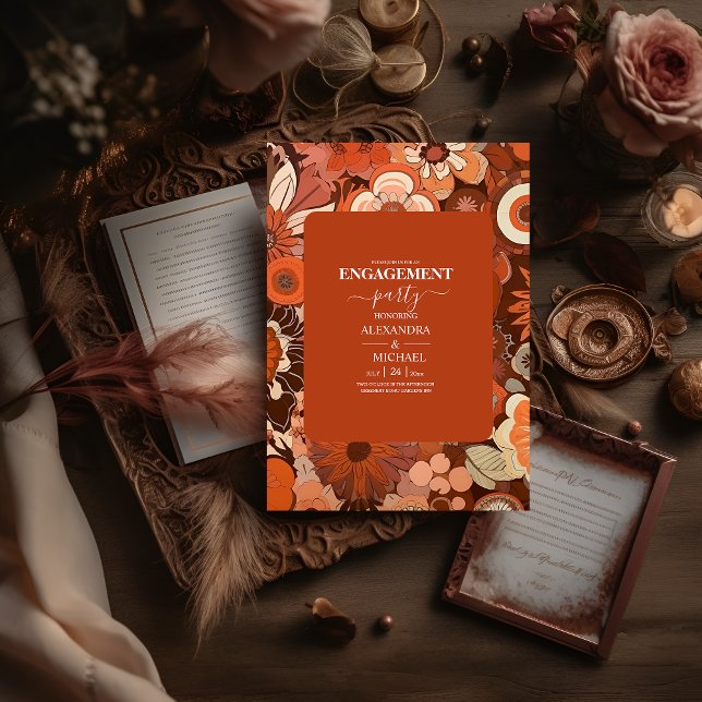 Retro Groovy burn orange floral wedding Invitation (Creator Uploaded)