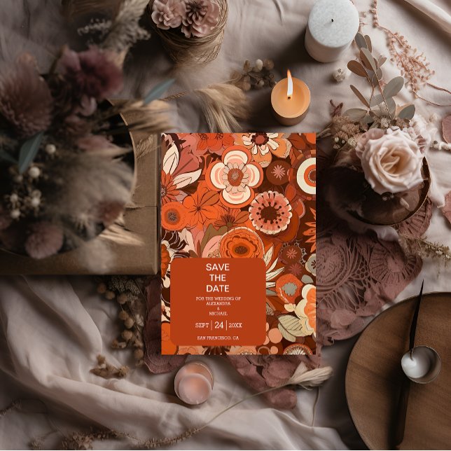 Retro Groovy burn orange floral wedding Save The Date (Creator Uploaded)