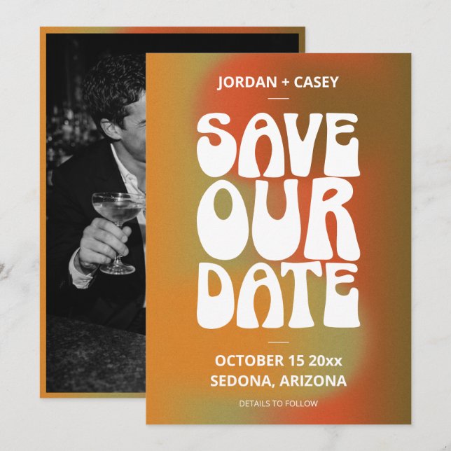 Retro Groovy Burnt Orange Fall Photo Wedding Save The Date (Front/Back)