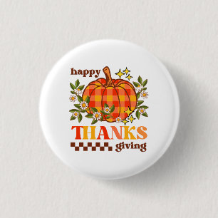 Retro Groovy Checkered Pumpkin Daisy Thanksgiving 3 Cm Round Badge