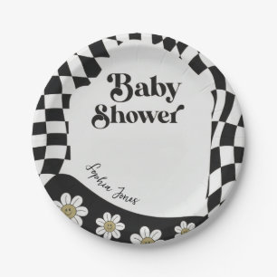 Retro Groovy Chequered Black White Baby Shower Paper Plate