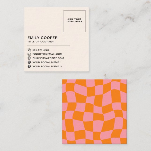 Retro Groovy Chequered Chequerboard Logo Pink Oran Square Business Card (Front/Back)