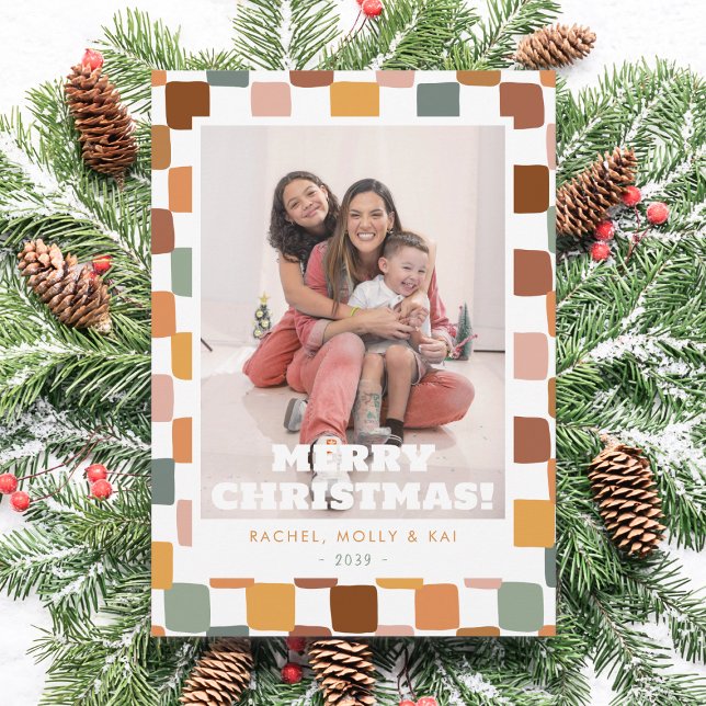 Retro Groovy Chequered Family Photo Fun Christmas Holiday Card (Creator Uploaded)