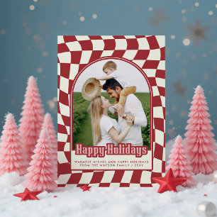 Retro Groovy Chequered Happy Holidays Photo Holiday Postcard