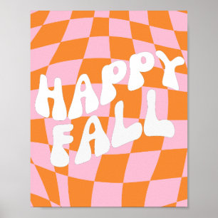 Retro Groovy Chequered Pink And Orange Fall Wall Poster