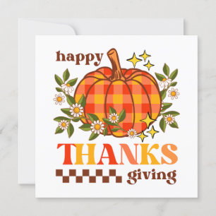 Retro Groovy Chequered Pumpkin Daisy Thanksgiving Card