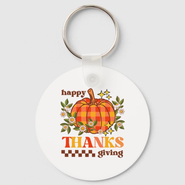 Retro Groovy Chequered Pumpkin Daisy Thanksgiving Key Ring (Front)