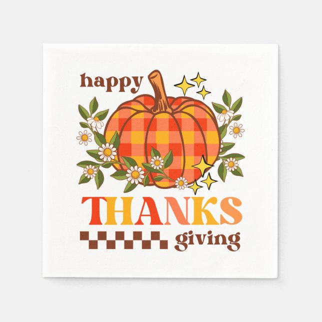 Retro Groovy Chequered Pumpkin Daisy Thanksgiving Napkin (Front)