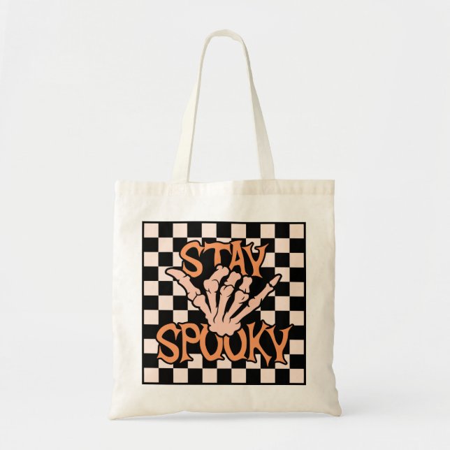 Retro Groovy Chequered Stay Spooky Halloween Tote Bag (Front)