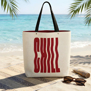 Retro Groovy CHILL Wavy Red Aesthetic Canvas Tote Bag