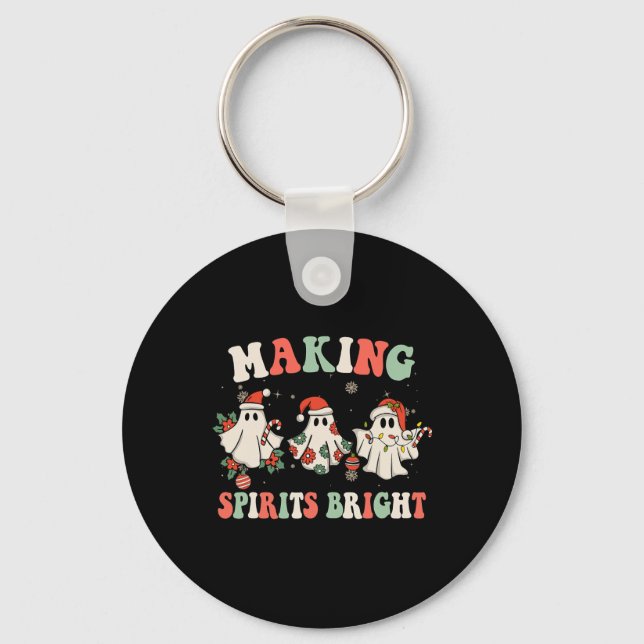 Retro Groovy Christmas Ghost Making Spirits Bright Key Ring (Front)
