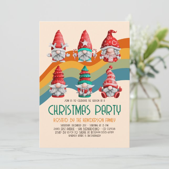 Retro Groovy Christmas Gnomes Budget Holiday Party Invitation (Standing Front)