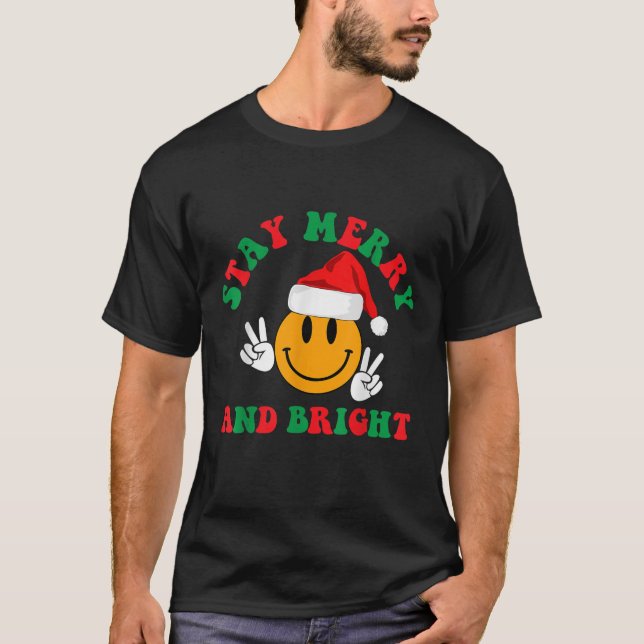 Retro Groovy Christmas Merry Stay Bright Hippie Sa T-Shirt (Front)