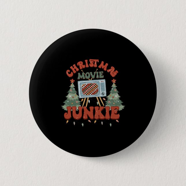 Retro Groovy Christmas Movie Junkie Merry Xmas Tre 6 Cm Round Badge (Front)