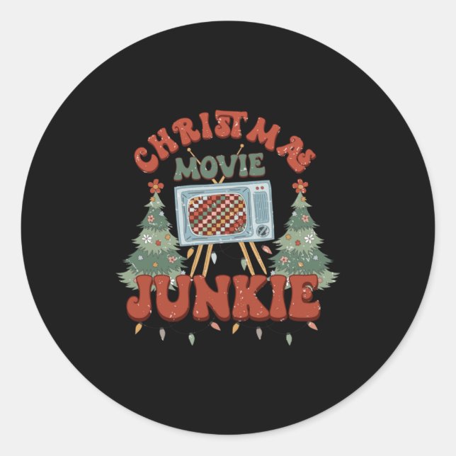 Retro Groovy Christmas Movie Junkie Merry Xmas Tre Classic Round Sticker (Front)