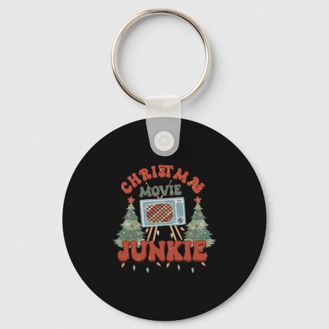 Retro Groovy Christmas Movie Junkie Merry Xmas Tre Key Ring (Front)