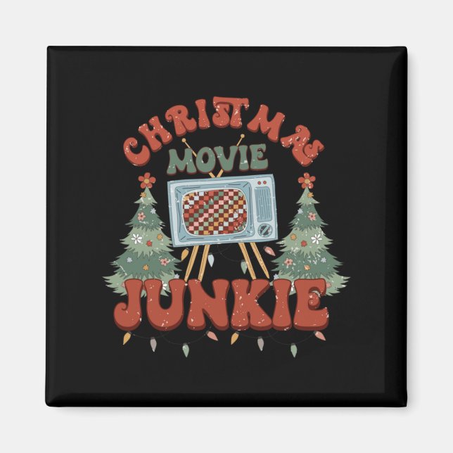 Retro Groovy Christmas Movie Junkie Merry Xmas Tre Magnet (Front)