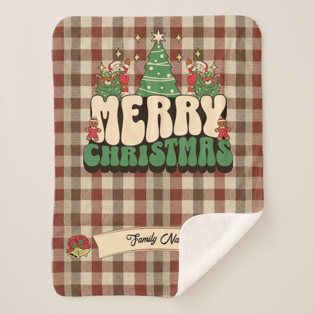 Retro Groovy Christmas Plaid Family Name Sherpa Blanket (Front)