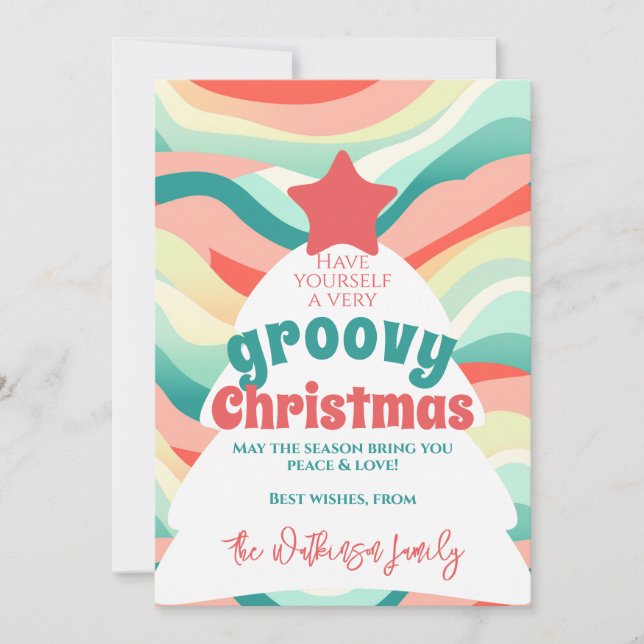 Retro Groovy Christmas Rainbow Wave Holiday Card (Front)