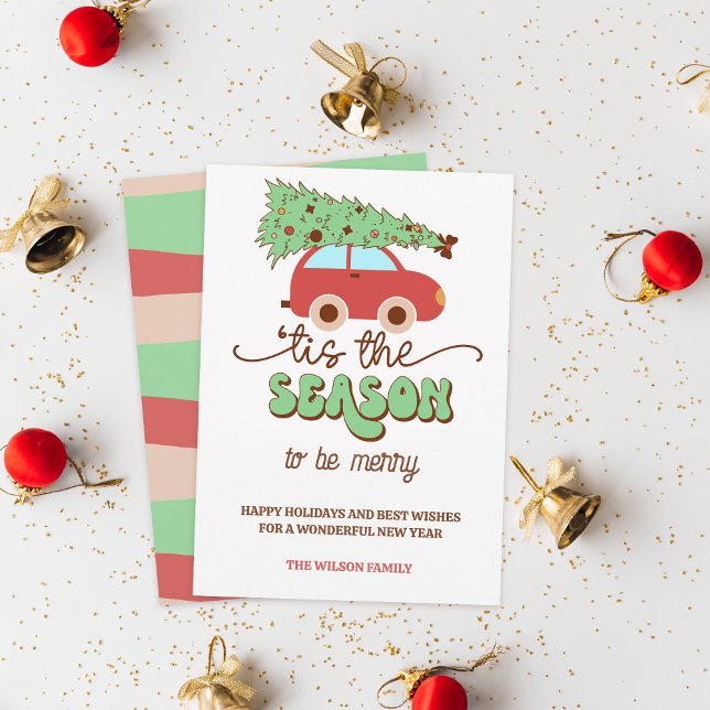 Retro Groovy Christmas Tree Car Tis the Season Holiday Card (Retro Groovy Christmas Tree Car Tis the Season Holiday Card)