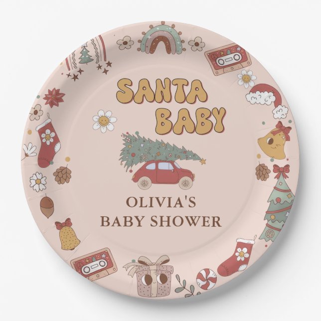 Retro Groovy Christmas Tree Santa Baby Shower Paper Plate (Front)