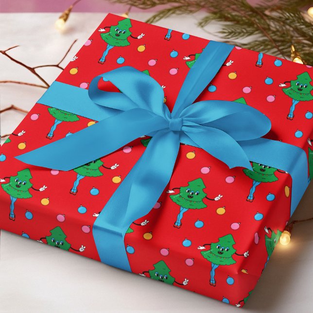 Retro Groovy Christmas Trees Red Green Pattern Wrapping Paper (Creator Uploaded)